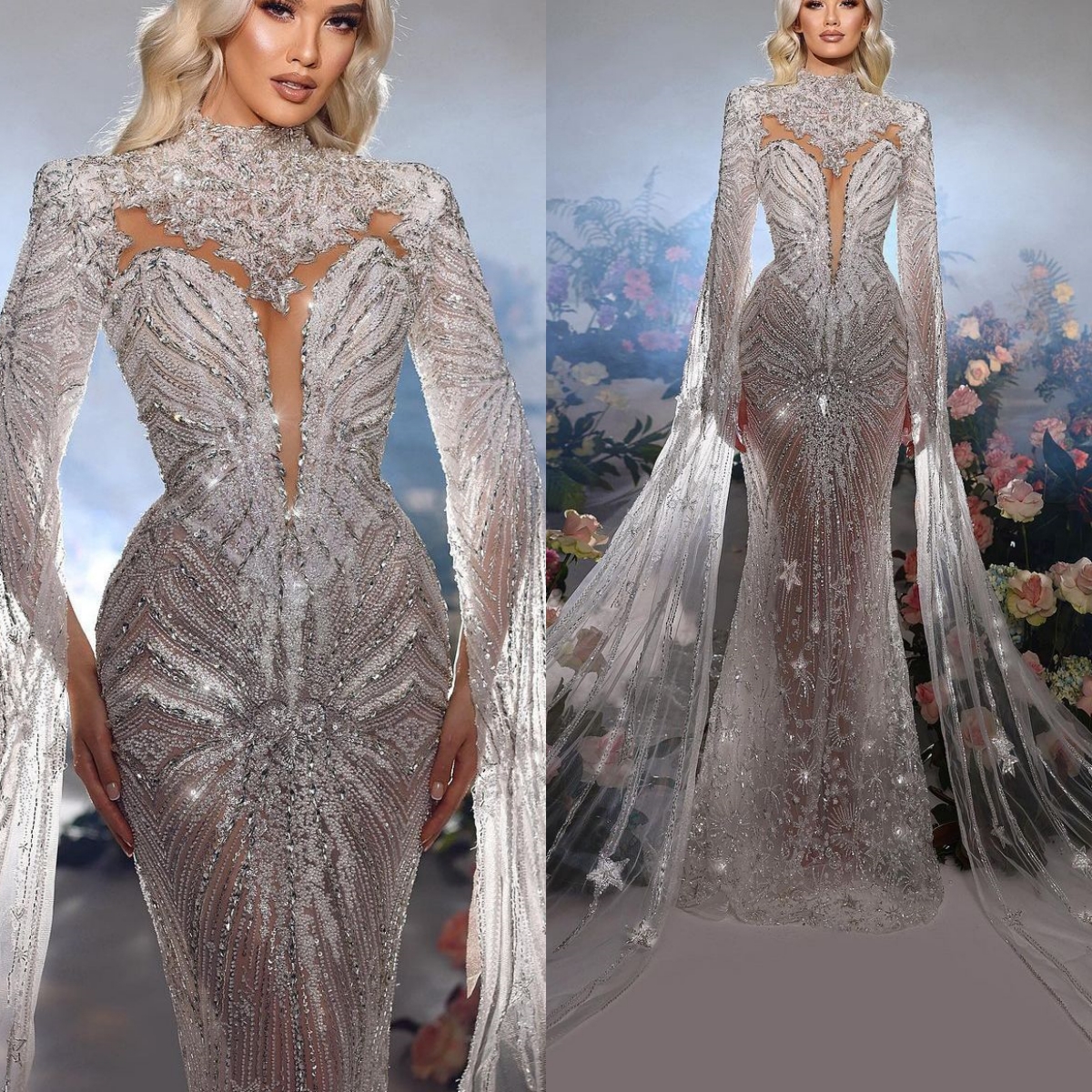 Mermaid Wedding High Collar Bridal Gowns Crystal See Through Long Sleeve Beaded Bride Dresses Custom Made 0219