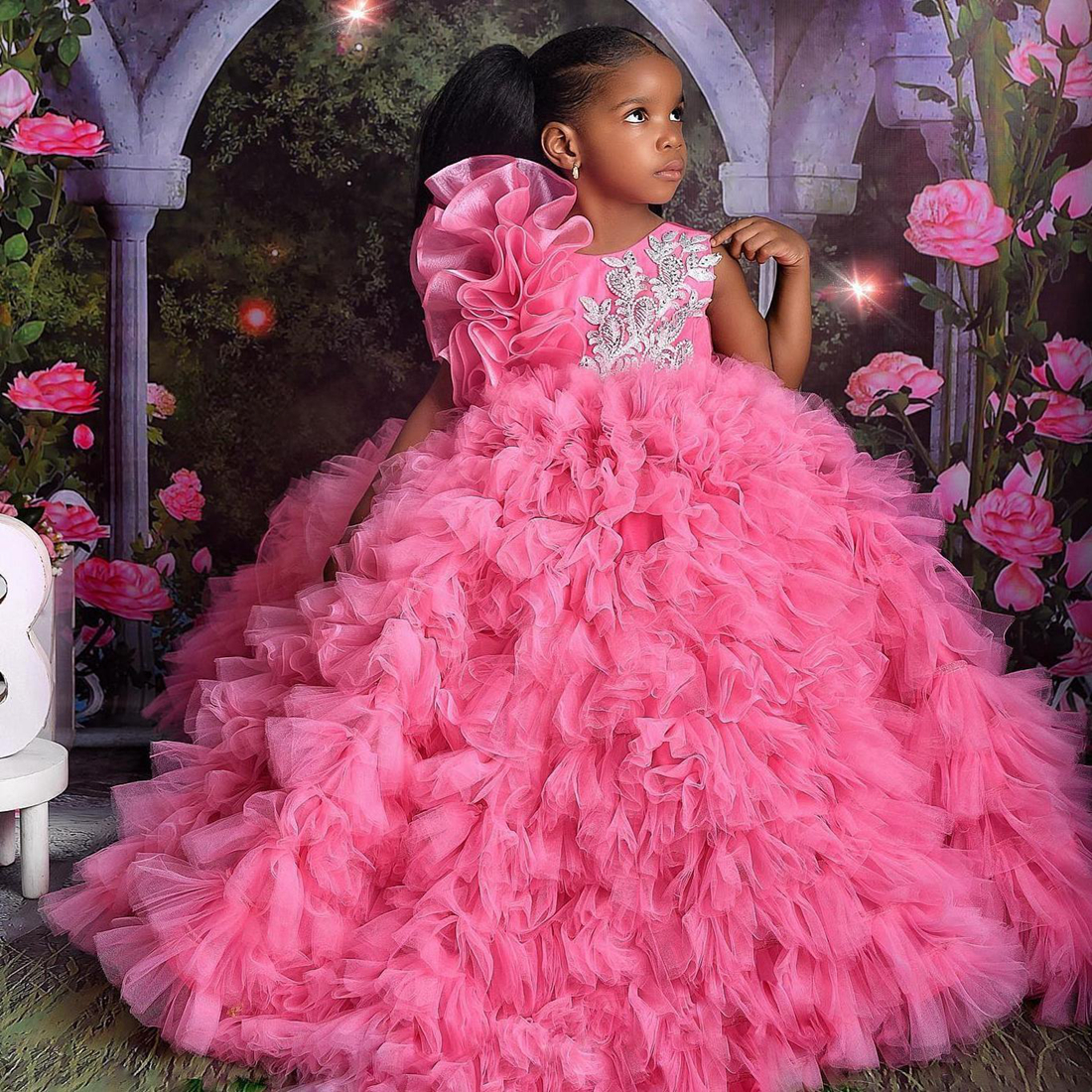 Fuchsia Little Kids Birthday Party Dresses Jewel Beaded Flower Girl Dresses Tiered Tulle Flowergirl Dress 1st Party Gowns Knee Length Commuication Dre