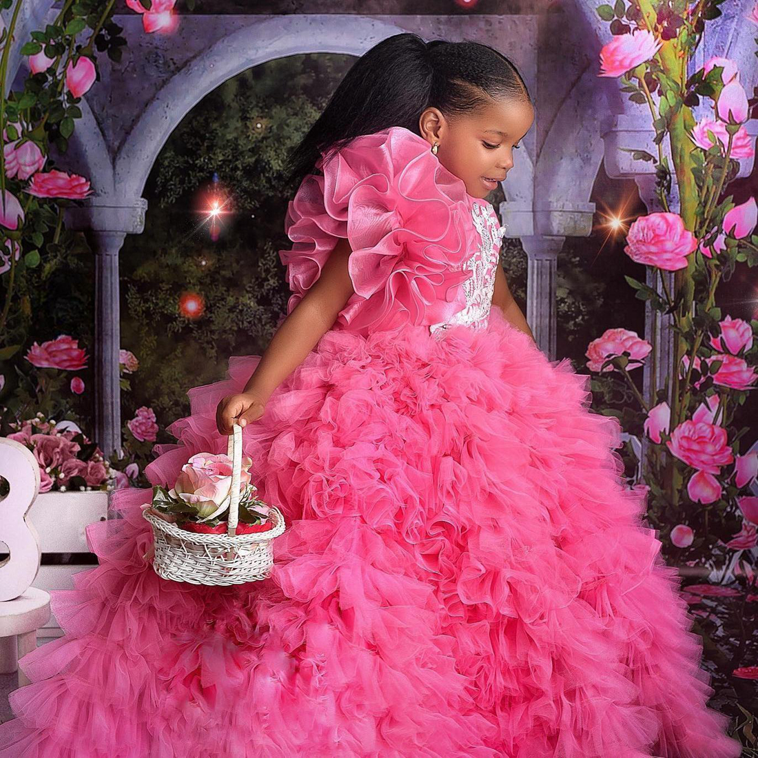 Fuchsia Little Kids Birthday Party Dresses Jewel Beaded Flower Girl Dresses Tiered Tulle Flowergirl Dress 1st Party Gowns Knee Length Commuication Dre
