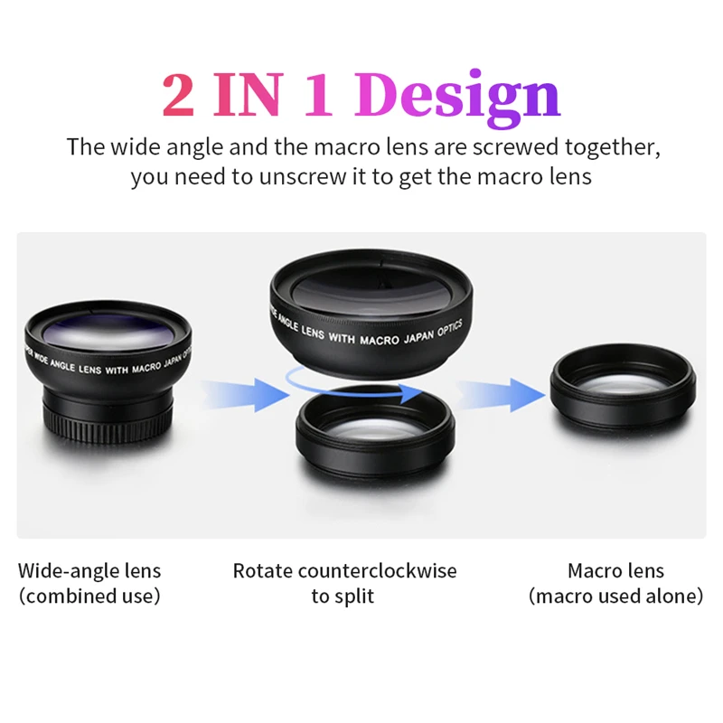 37mm Mobile Phone Lens 0.45x 49uv Super Wide Angle + Macro HD Camera Lens 2 IN 1 Universal Clip Lens For iPhone 15 14 13 12 Pro Samsung Huawei Xiaomi 
