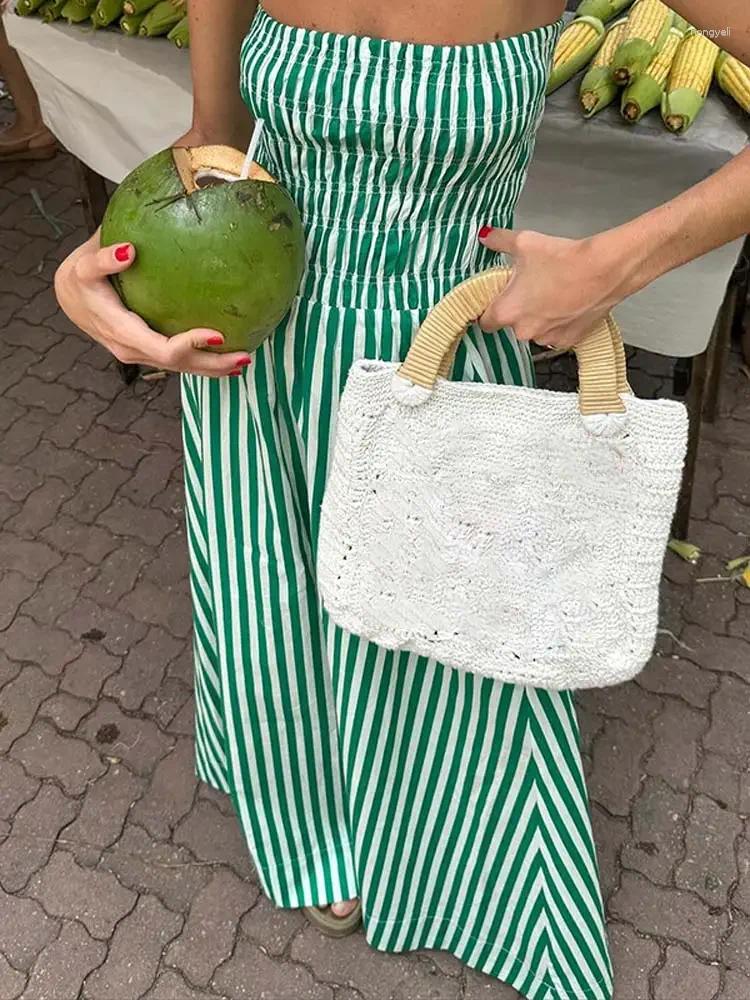 Casual Dresses Green Striped Print Strapless Maxi Dress For Women Sexy Slim Patchwork Sleeveless Robes 2024 Summer Lady Party Fashion