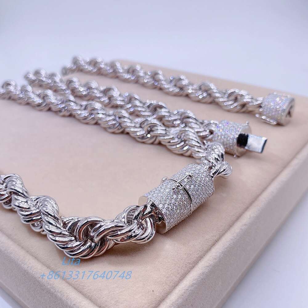 Hip Hop Iced Out Moissanite Clasp 925 Sterling Silver Twist Necklace Diamond Cut Rope Chain