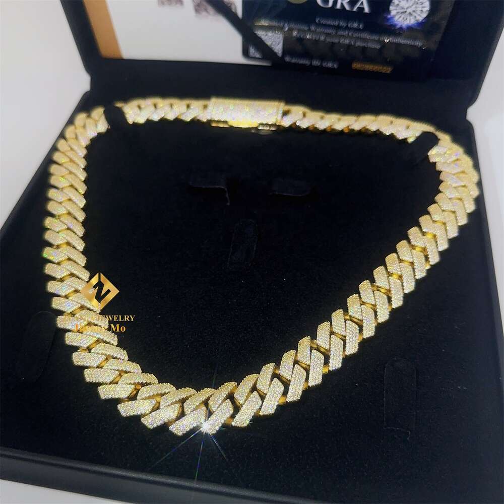 Pass Diamond Tester Iced Out 15mm 4 Row 925 Silver 14k Real Gold Plated Vvs1 Moissanite Diamond Cuban Link Chain Necklace Men