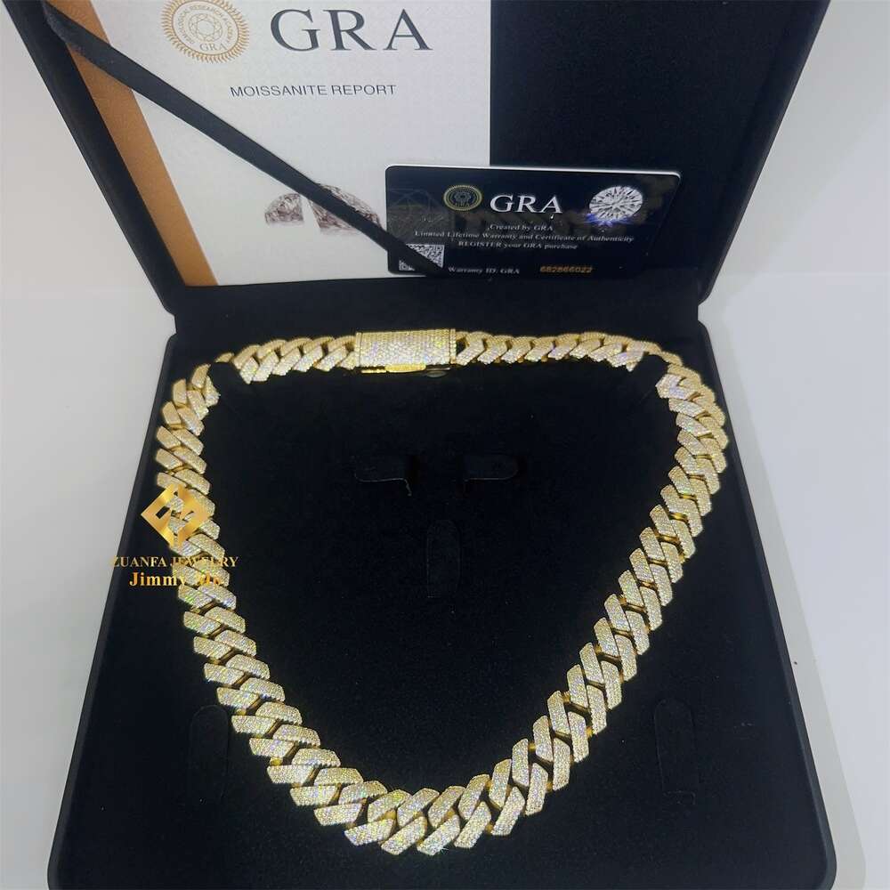 Pass Diamond Tester Iced Out 15mm 4 Row 925 Silver 14k Real Gold Plated Vvs1 Moissanite Diamond Cuban Link Chain Necklace Men