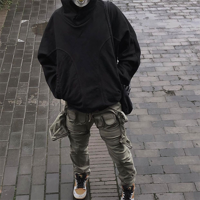 Grailz Project Vintage High Street Geometric Structure High Street Solid Hoodie Button Up Loose Hooded Hoodie