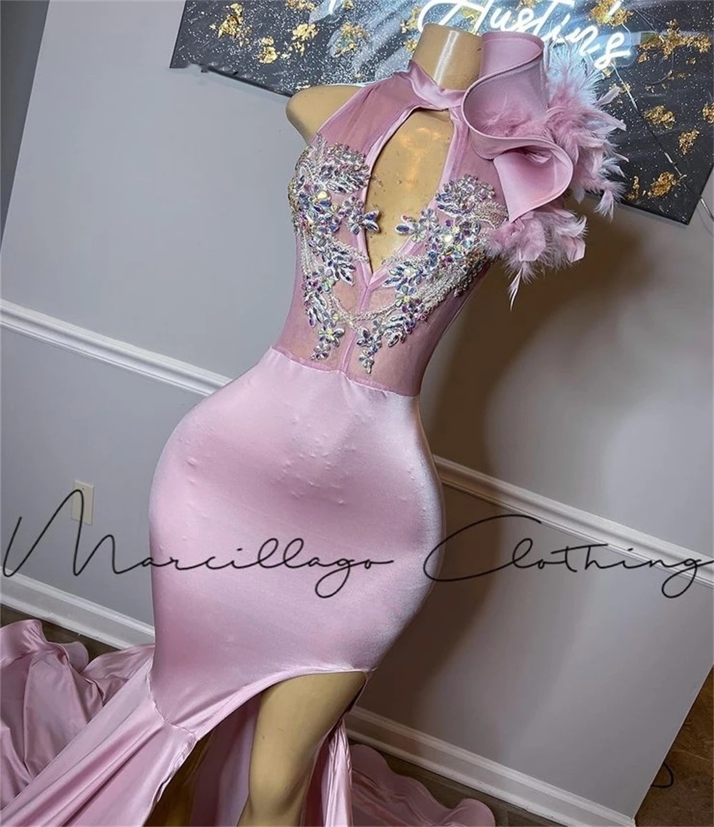 Contest Beauty Halter Pink Prom Dresses For Black Girls Crystal Mermaid Birthday Evening Party Gown Court Train Robe De Soiree