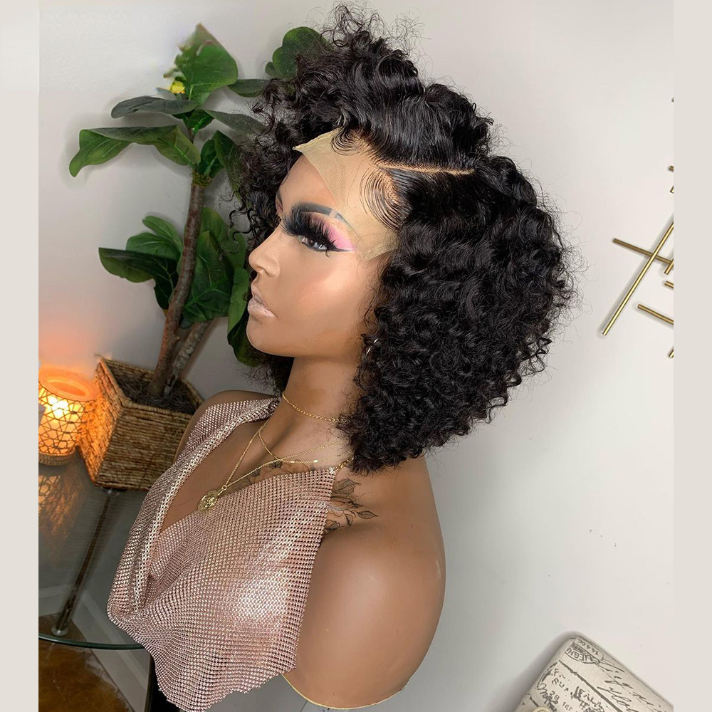 Free shipping Brazilian Jerry 13x4 Lace Front Wig Human Hair Natural Black Color Free Part Transparent Short Curly Wigs Synthetic for Women