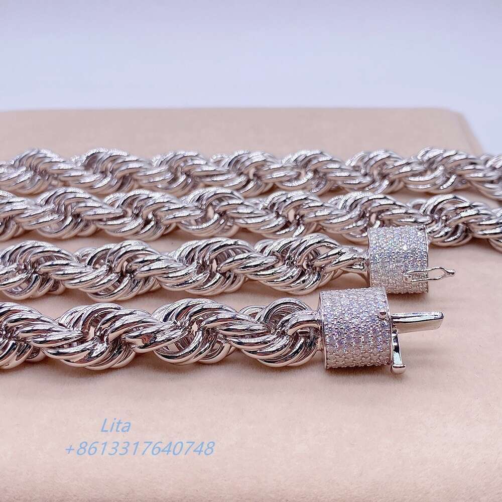 Hip Hop Iced Out Moissanite Clasp 925 Sterling Silver Twist Necklace Diamond Cut Rope Chain