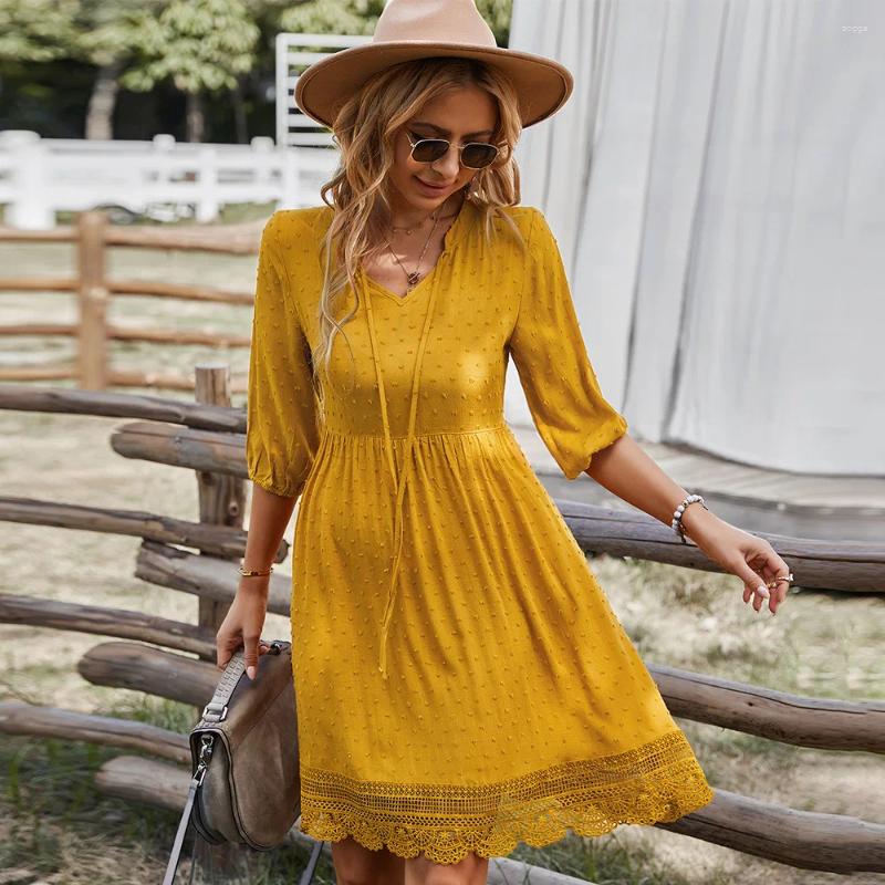 Party Dresses V-Neck Half Sleeve Ruffles Knee Length For Women 2024 Elegant Embroidery Lace Dress Lady Casual Summer Cloth