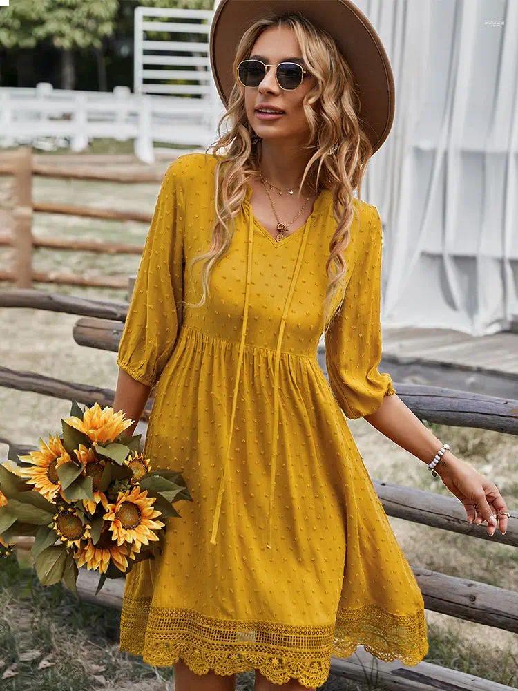 Party Dresses V-Neck Half Sleeve Ruffles Knee Length For Women 2024 Elegant Embroidery Lace Dress Lady Casual Summer Cloth
