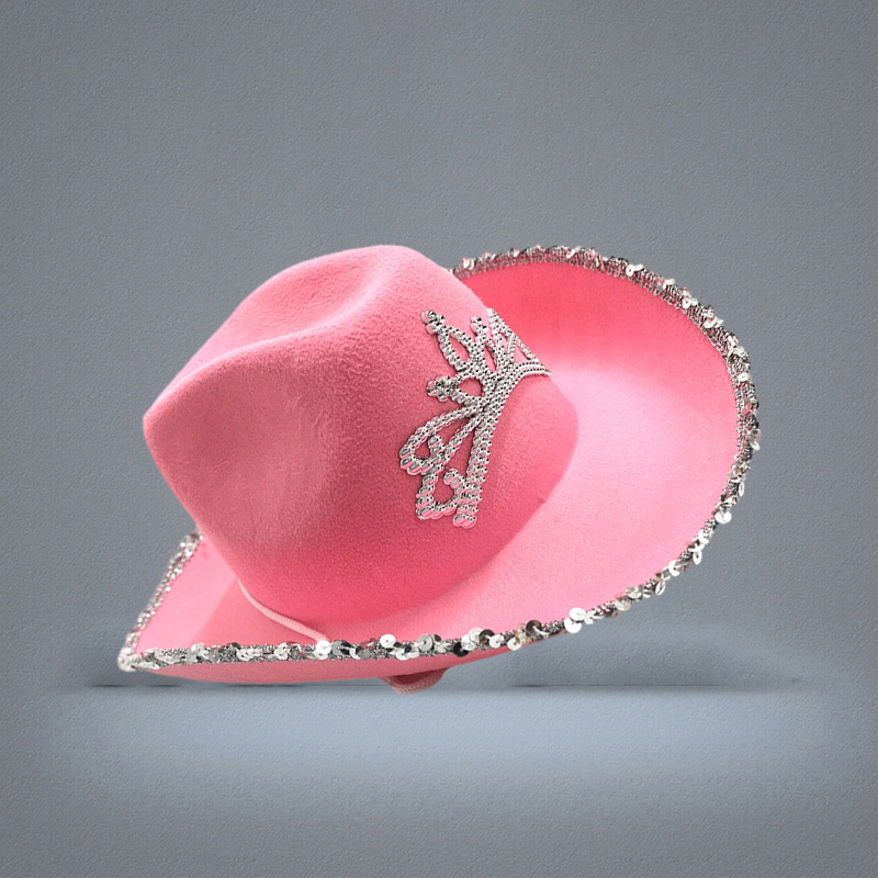 Western Style Tiara Cowgirl Hat Women Girl Pink Wide Brim Cowboy Cap Sequins Holiday Costume Party Feather Edge Hats with Drawstri