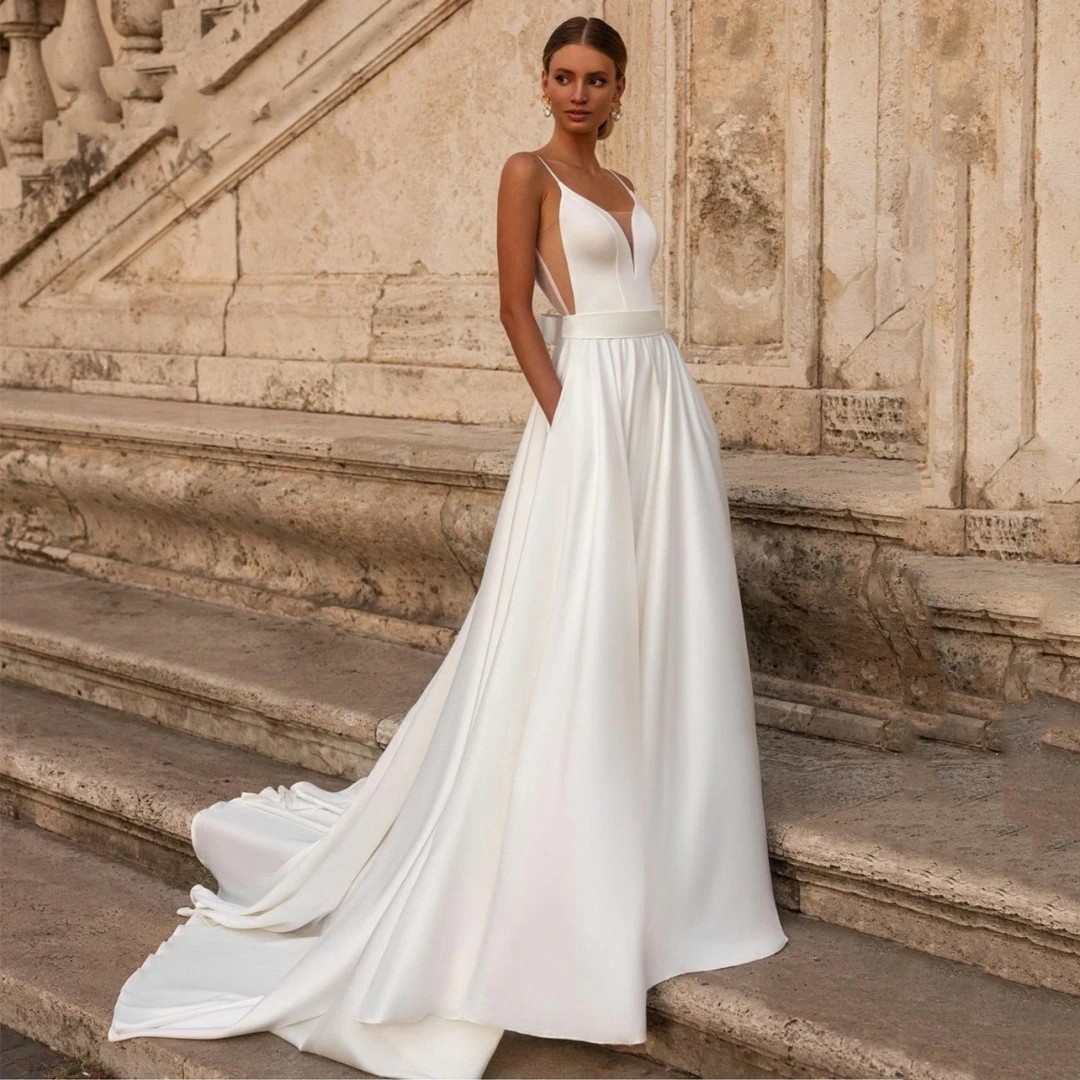 Elegant Wedding Dress For Woman 2024 Sweetheart-Neck Satin A-Line Spaghetti Straps Open Back Bride Gown Sweep Train Vestido De Novia