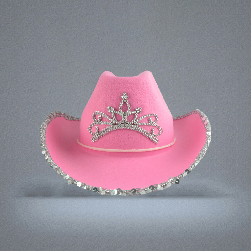 Western Style Tiara Cowgirl Hat Women Girl Pink Wide Brim Cowboy Cap Sequins Holiday Costume Party Feather Edge Hats with Drawstri