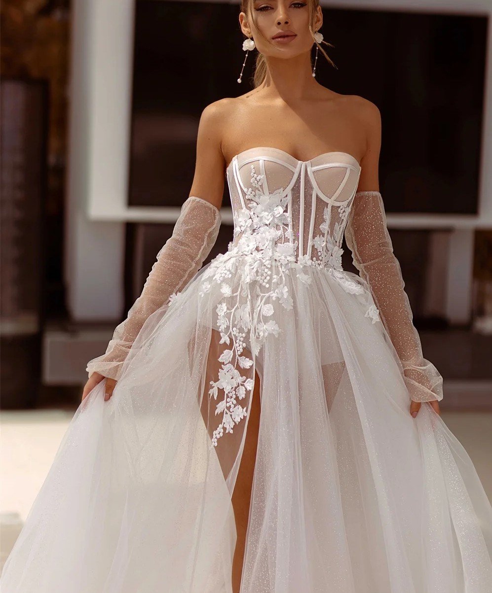 Sexy Boho Wedding Dress 2024 Sweetheart Lace Applique Side Slit Birde Formal Gowns Beach Vestido De Novia Robe De Mariage