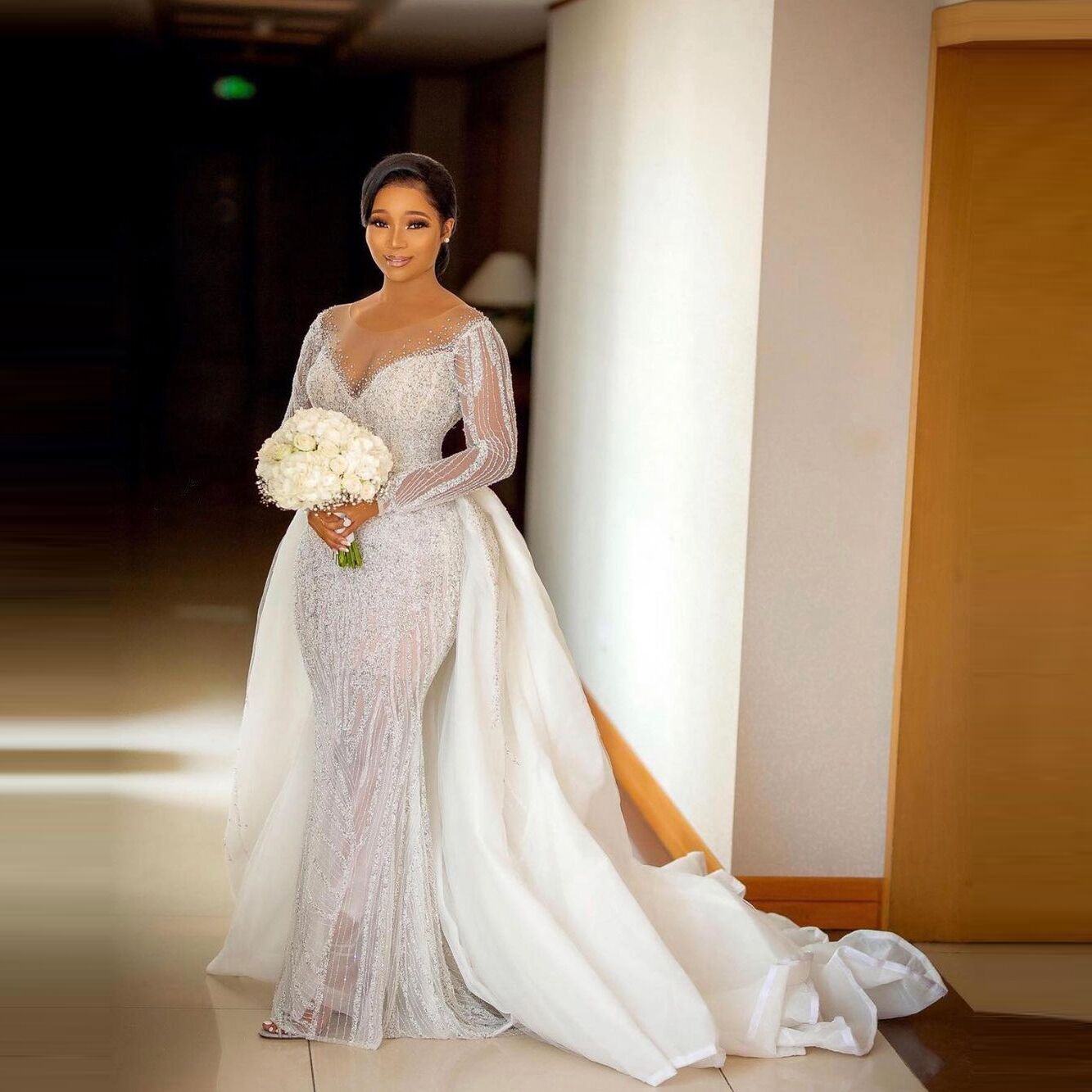 Classic Mermaid Wedding Dresses with Overskirts Sequins Crystal Bridal Gowns Long Sleeve Custom Made Plus Size Bride Dress