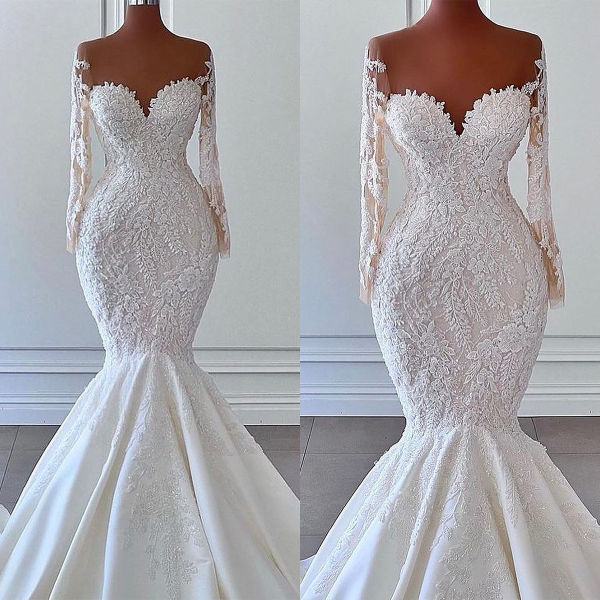 Simple Mermaid Wedding Dresses Lace Appliques Bridal Gowns Long Sleeves Sheer Neck Custom Made Backless Bride Dress