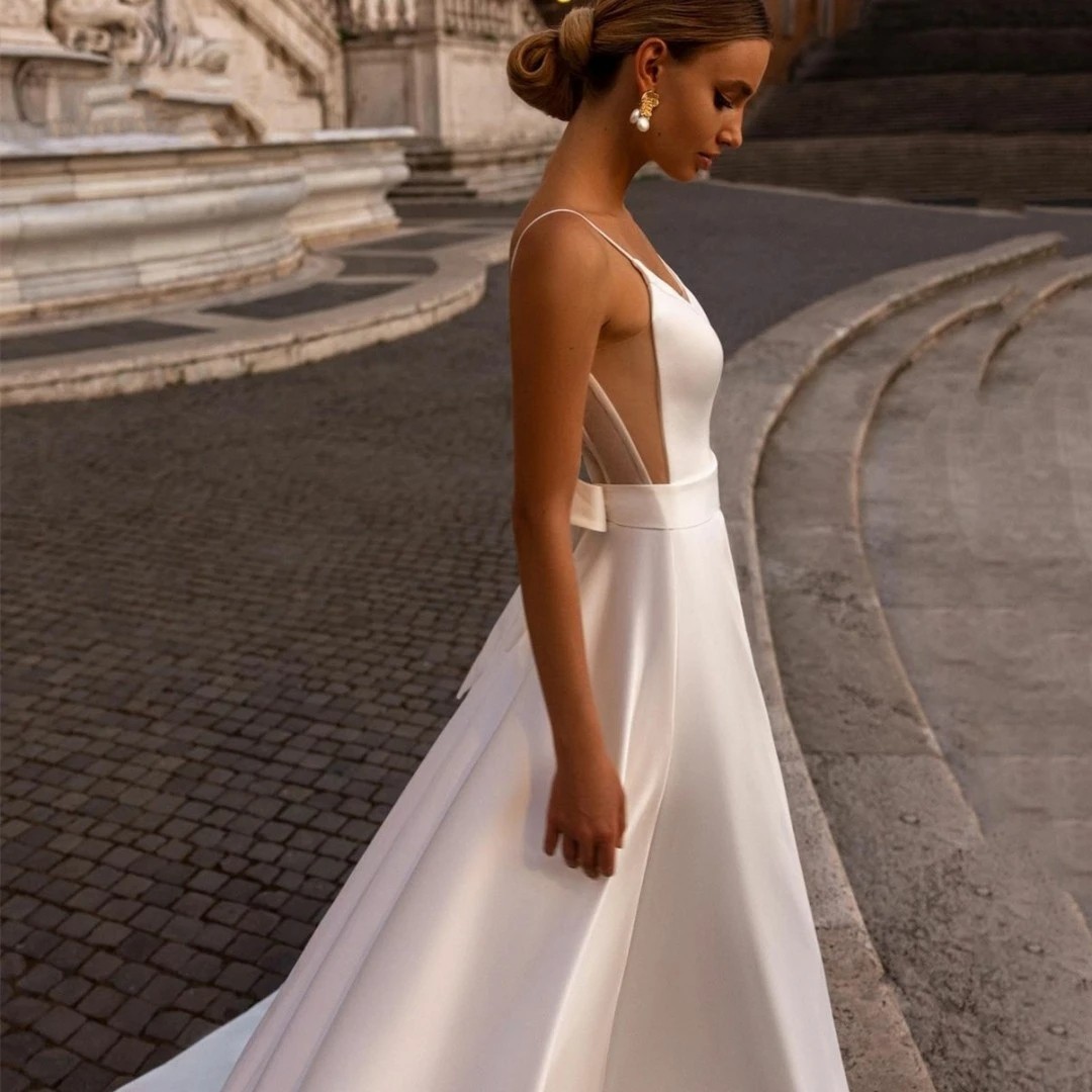 Elegant Wedding Dress For Woman 2024 Sweetheart-Neck Satin A-Line Spaghetti Straps Open Back Bride Gown Sweep Train Vestido De Novia