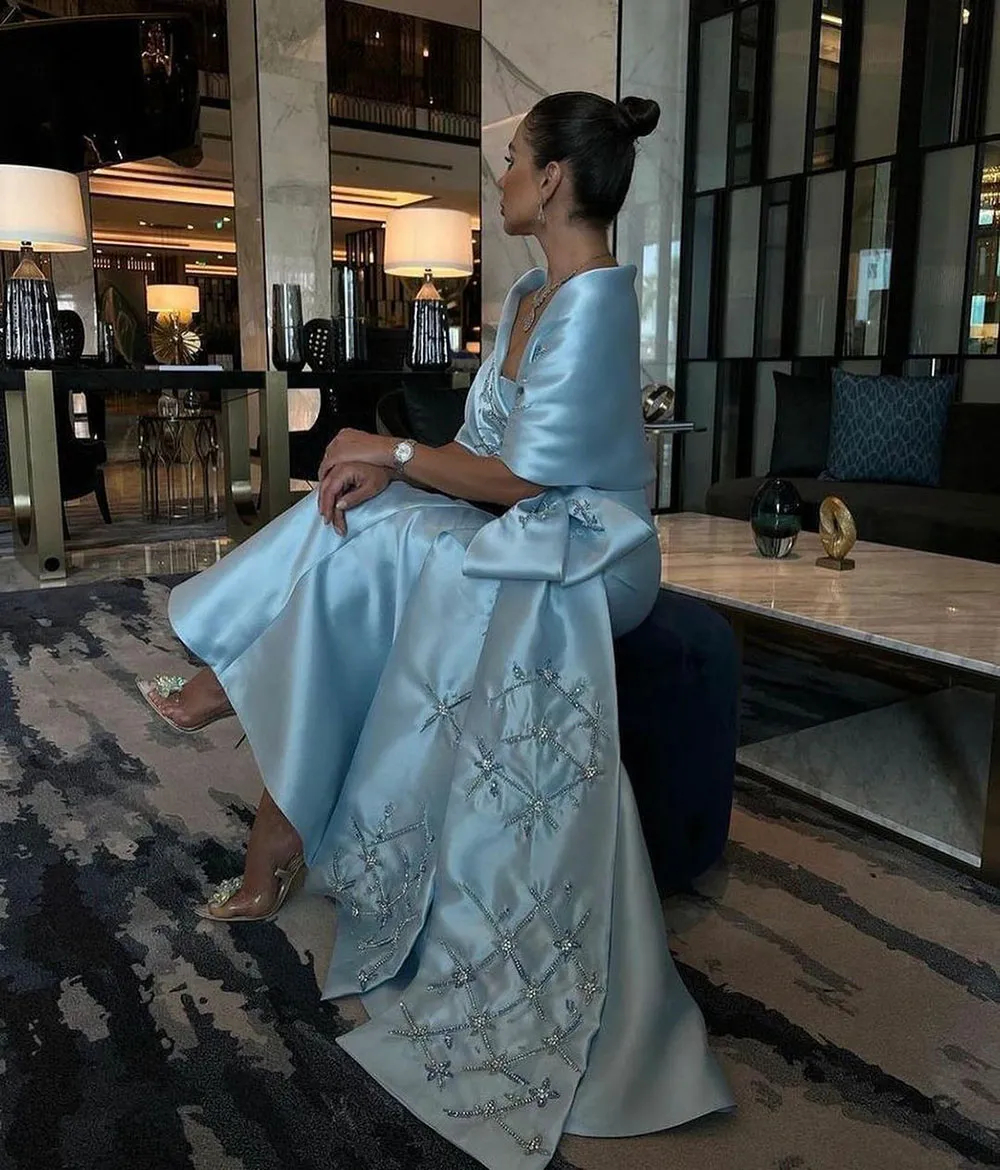 Elegant Strapless Long Mermaid Mother Of The Bride Dresses With Bow Wrap Beaded Embroidery Light Sky Blue Satin Formal Evening Gowns Women Wedding Gue