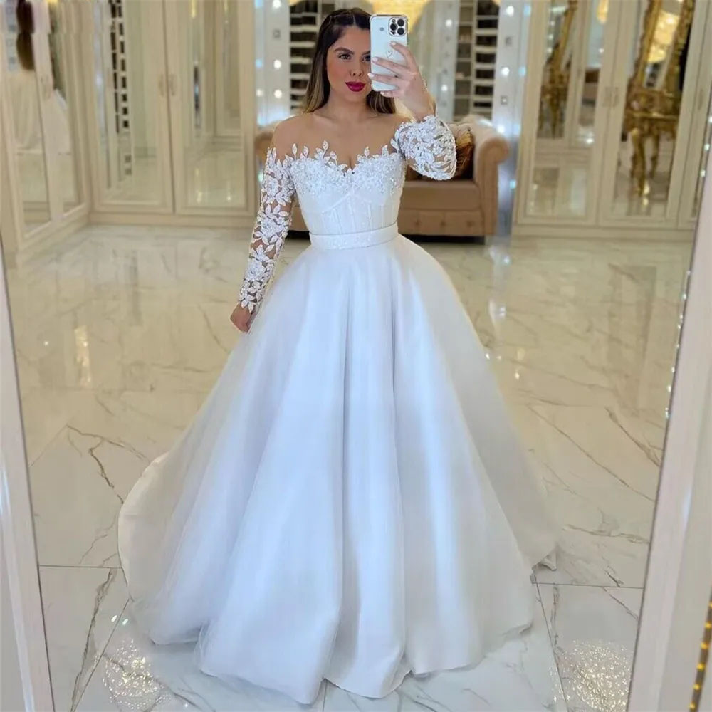 Sheer Neck A Line Wedding Dresses 2024 Lace Appliques with Beaded Bridal Gown Pleat Puffy Skirt robe de mariage 0516