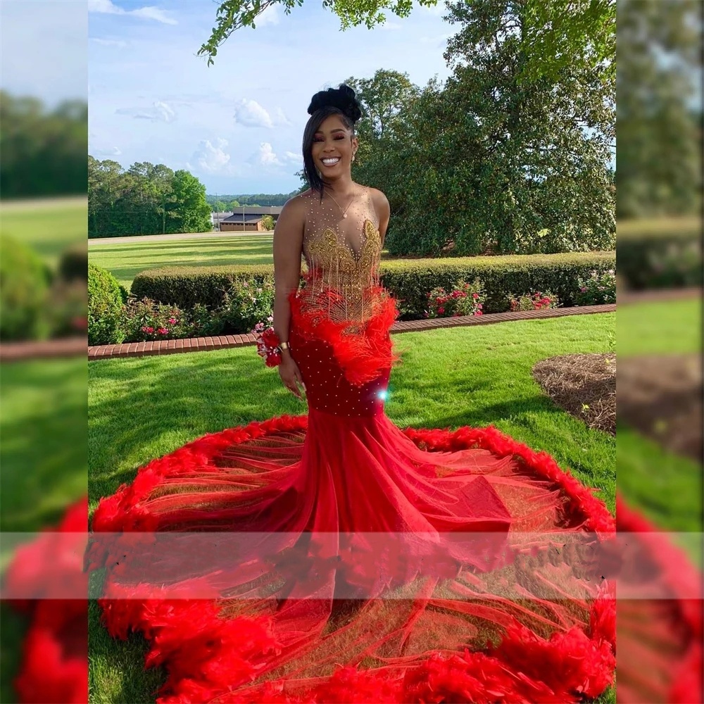 Sexy Sheer Neck Mermaid Prom Party Dresses For Black Girls 2024 With Gold Lace Feathers Plus Size Formal Evening Ocn Gowns Mal Mal