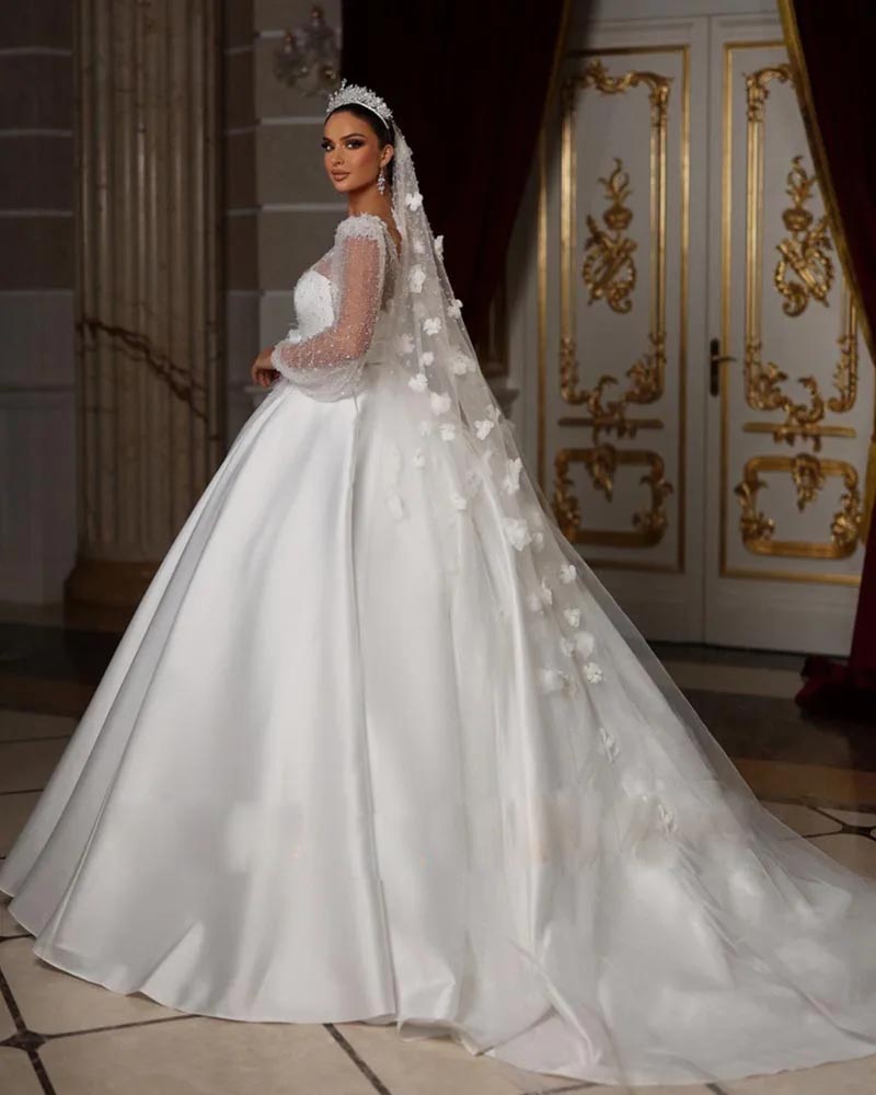 Beading A Gorgeous Line Dresses V Neck Puffy Sleeve Bridal Dress 2024 Feather Waist Princess Arabic Dubai Wedding Gown rabic