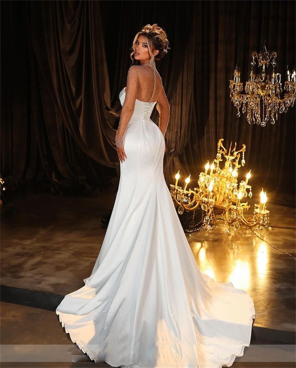 Modest Beaded Neck Wedding Dresses Mermaid Long Sleeve Bridal Gown Pleat Button Back Satin vestido de novia