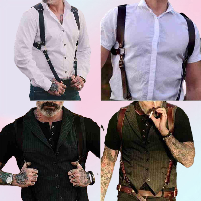 Vintage Leather Suspender Men Medieval Renaissance Suspensorio Apparel Shoulder Accessories Belt Strap Harness Chest Punk J9R7
