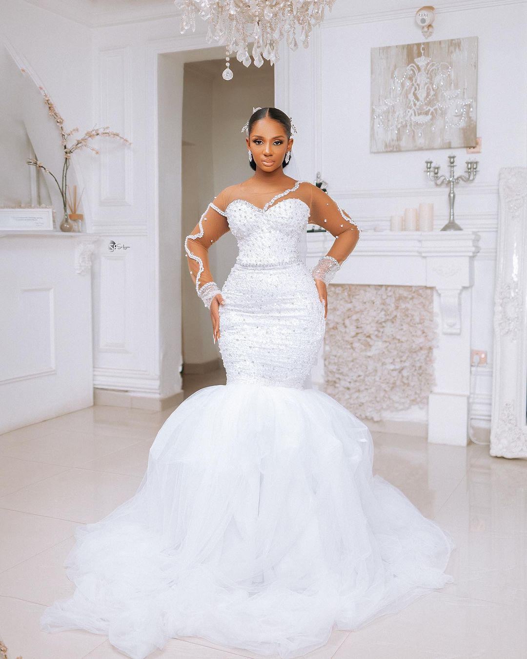 Glamorous Pearls Crystal Mermaid Wedding Dresses Sheer O Neck Bridal Gowns Sequins Ruffle Train Bride Dress Custom Made Plus Size