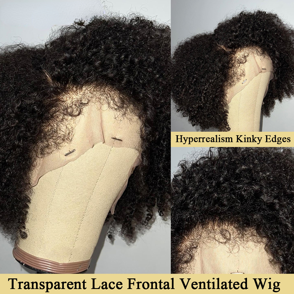 4C Kinky Edges Natural Hairline Glueless Short Afro Kinky Curly Wig Human Hair Ready To Go Curly Bob 13x4 Transparent Lace Front Wig Synthetic with Ba