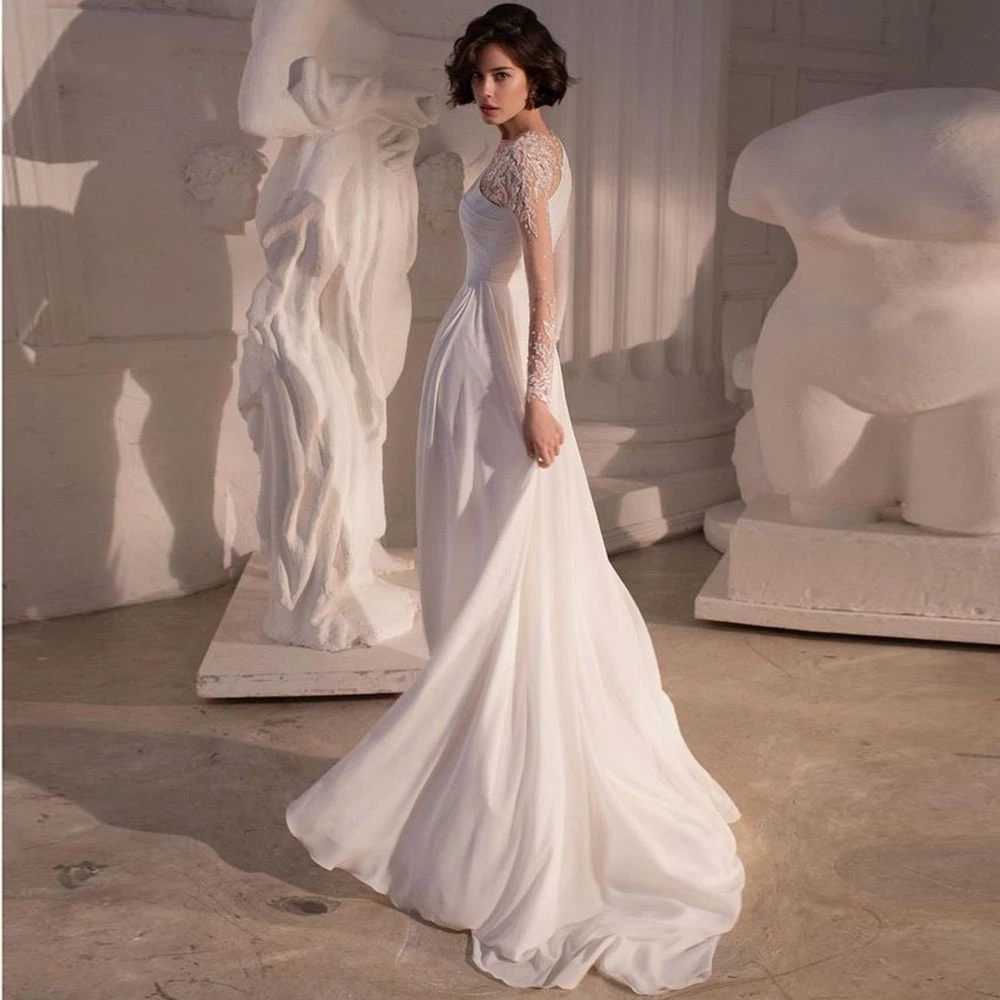 Hot Selling Wedding Dress 2024 Sheer Neck Long Sleeves Beading Sequins Split A-line Princess Birde Formal Gowns Vestido De Novia