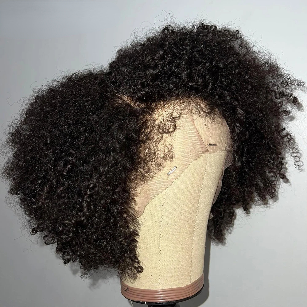 4C Kinky Edges Natural Hairline Glueless Short Afro Kinky Curly Wig Human Hair Ready To Go Curly Bob 13x4 Transparent Lace Front Wig Synthetic with Ba
