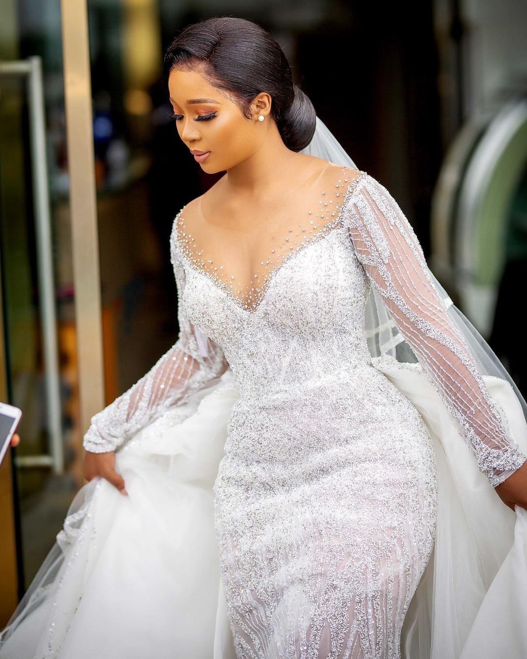 Classic Mermaid Wedding Dresses with Overskirts Sequins Crystal Bridal Gowns Long Sleeve Custom Made Plus Size Bride Dress