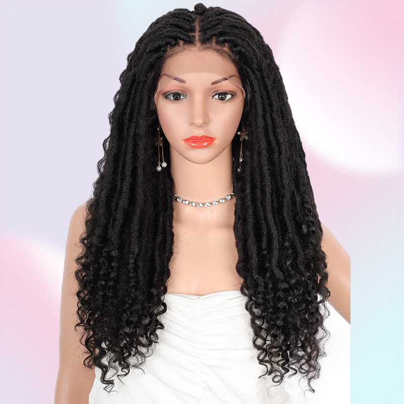 Beauart 4x4quot Swiss Lace Front Faux Locs Knotless Braided Wigs with Bohemian Curls Ends Synthetic Dreadlocks Braids Wigs5440384