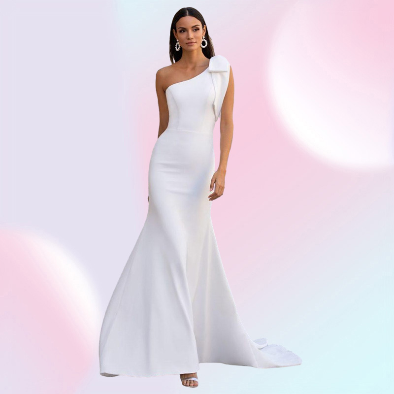 Vestidos Satin Mermaid Wedding Dresses Sexy One Shoulder Sleeveless Bridal Gown WhiteIvory Beach Wedding Party Gown with Bow