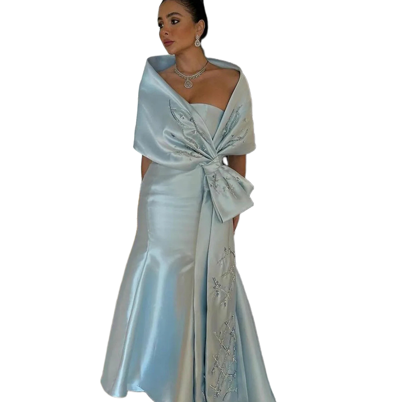 Elegant Strapless Long Mermaid Mother Of The Bride Dresses With Bow Wrap Beaded Embroidery Light Sky Blue Satin Formal Evening Gowns Women Wedding Gue