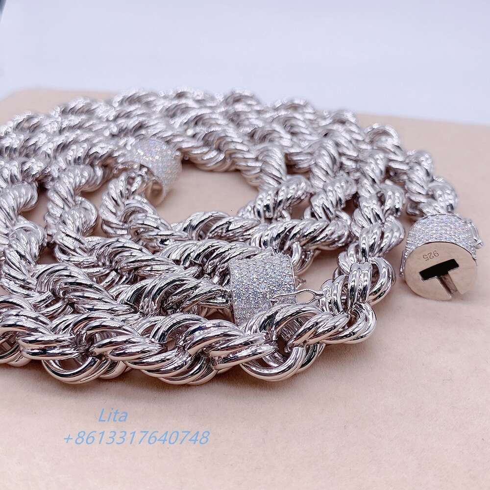 Hip Hop Iced Out Moissanite Clasp 925 Sterling Silver Twist Necklace Diamond Cut Rope Chain