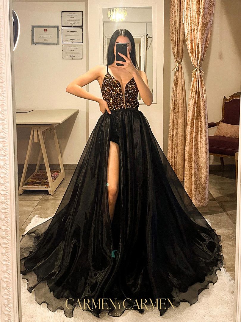 Sexy Black Prom Dress A E Split Illusion V Neck Evening Elegant Glitter Gold Sequins Top Party Dresses For Special Ocns Promdress Lz0304