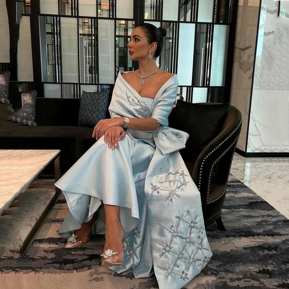 Elegant Strapless Long Mermaid Mother Of The Bride Dresses With Bow Wrap Beaded Embroidery Light Sky Blue Satin Formal Evening Gowns Women Wedding Gue