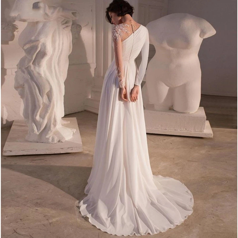Hot Selling Wedding Dress 2024 Sheer Neck Long Sleeves Beading Sequins Split A-line Princess Birde Formal Gowns Vestido De Novia