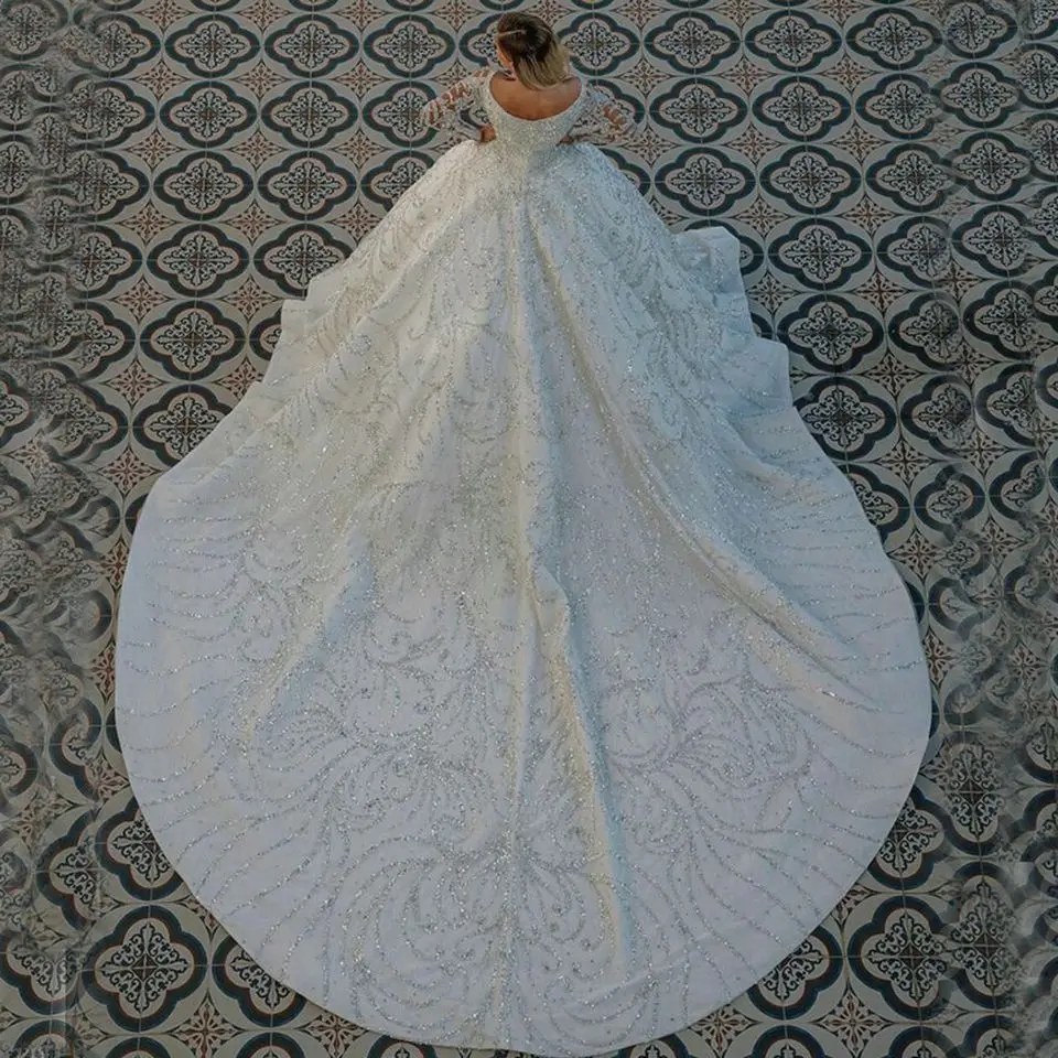 2024 Arabic Dubai Wedding Dress Glitter Beading Long Sleeves Sequined Ball Gown Bridal Formal Gowns Robe De Mariage Vestido De Noivas