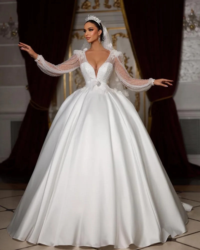 Beading A Gorgeous Line Dresses V Neck Puffy Sleeve Bridal Dress 2024 Feather Waist Princess Arabic Dubai Wedding Gown rabic