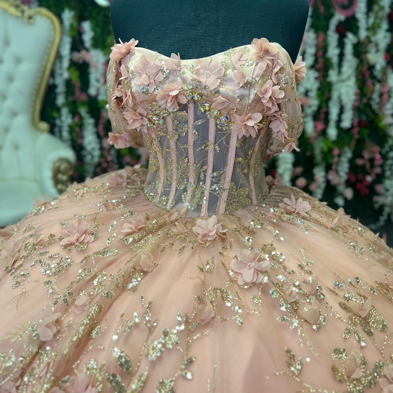 Pink Off The Shoulder Beading Crystal Quinceanera Dresses Ball Gown 3D Flowers Gold Appliques Lace Sweet 15 Vestidos De XV Anos