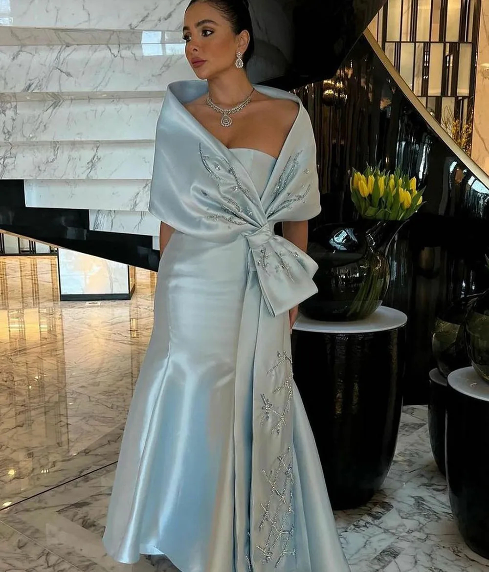 Elegant Strapless Long Mermaid Mother Of The Bride Dresses With Bow Wrap Beaded Embroidery Light Sky Blue Satin Formal Evening Gowns Women Wedding Gue