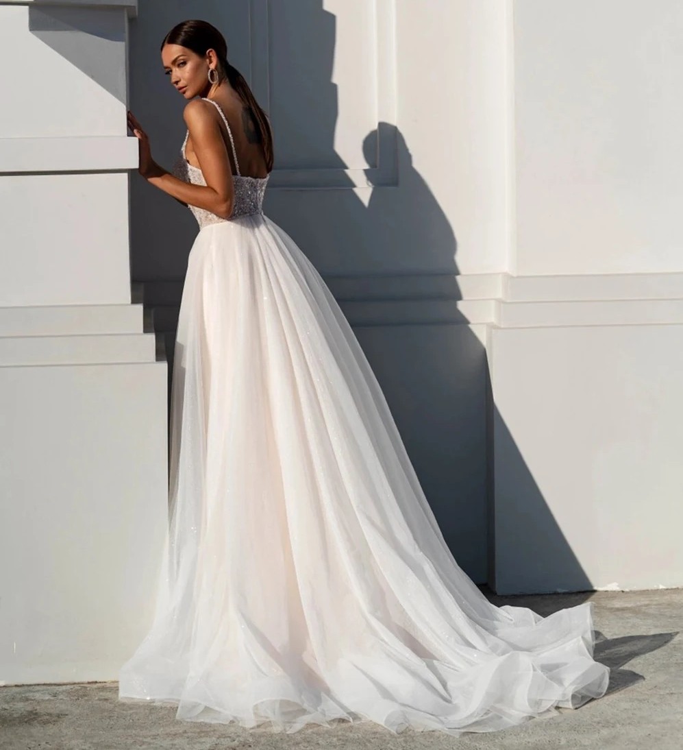 Sexy Boho Wedding Dress 2024 V-neck Spaghetti Straps Beading Sequins A-line Princess Birde Formal Gowns Vestido De Novia