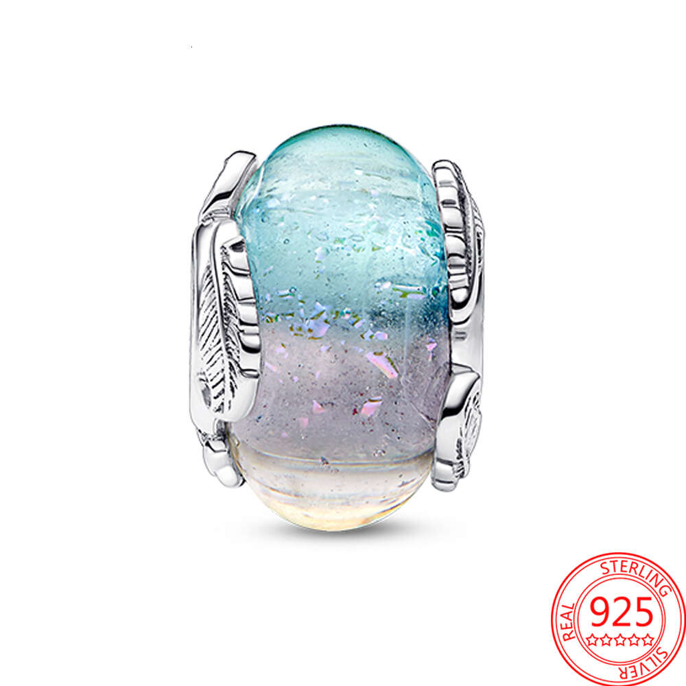 New 2024 Beads Sterling Sier Multicolour Murano Glass Curved Feather Charm Fit Bracelet & Bangle Girl Gift