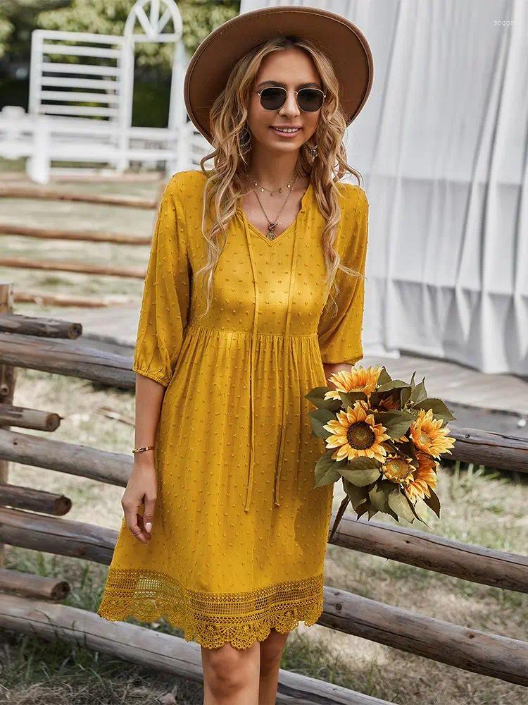 Party Dresses V-Neck Half Sleeve Ruffles Knee Length For Women 2024 Elegant Embroidery Lace Dress Lady Casual Summer Cloth