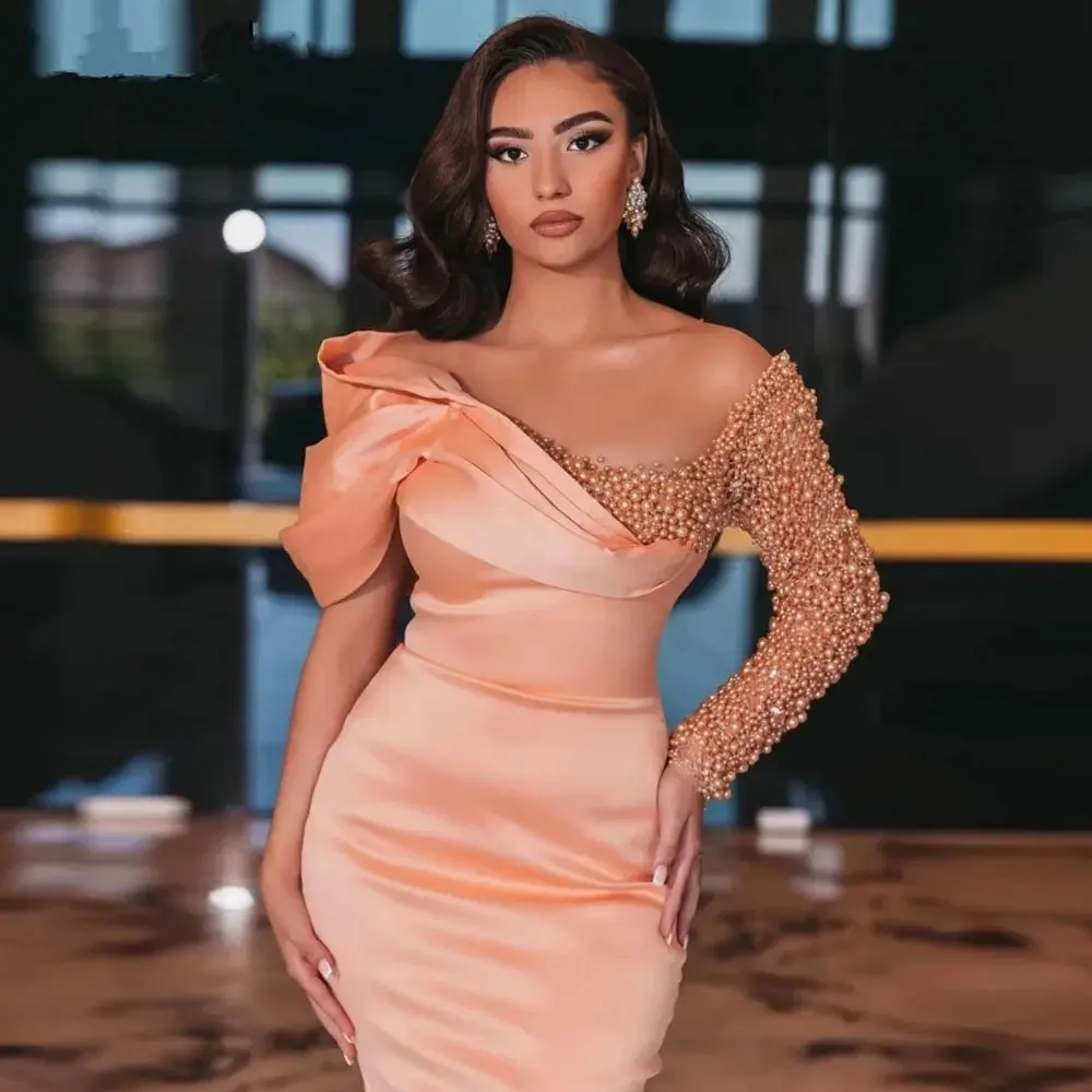 Women Elegant S Evening Dress Pearl Bead Satin Off Shoulder Long Sleeves Prom Formal Party Gowns Robe Soiree Vestidos De Feast atin houlder leeves oir