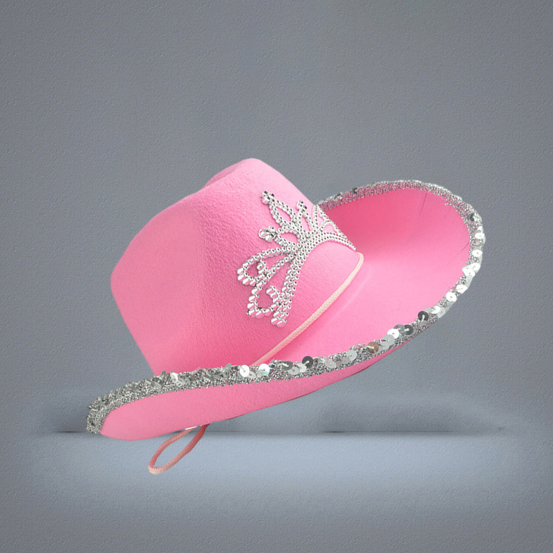 Western Style Tiara Cowgirl Hat Women Girl Pink Wide Brim Cowboy Cap Sequins Holiday Costume Party Feather Edge Hats with Drawstri