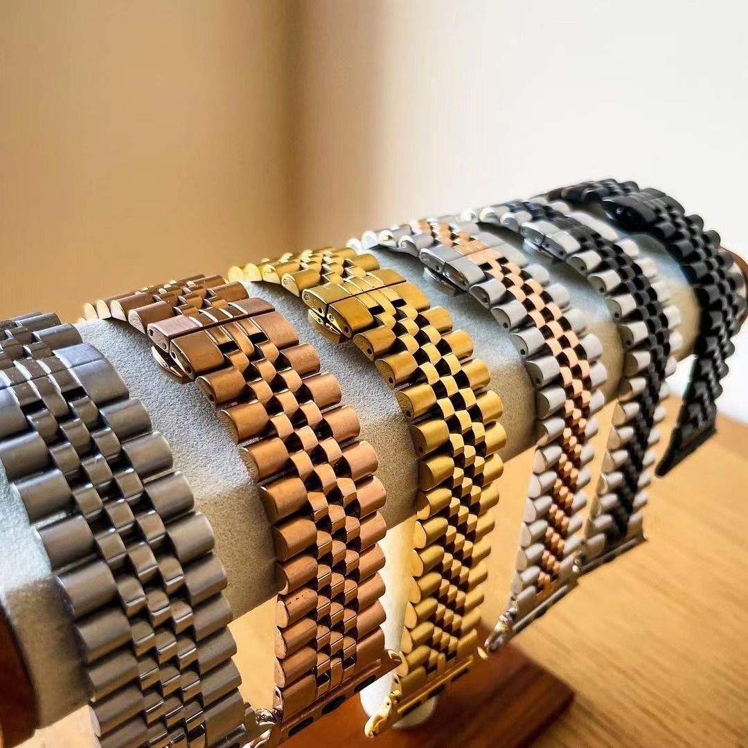 Metal Bracelet Stainless Steel Strap For Apple Watch Series 9 8 7 6 5 4 3 SE Bands With Adapter Connector Replacement Wristband iWatch 45/44mm 41/40mm