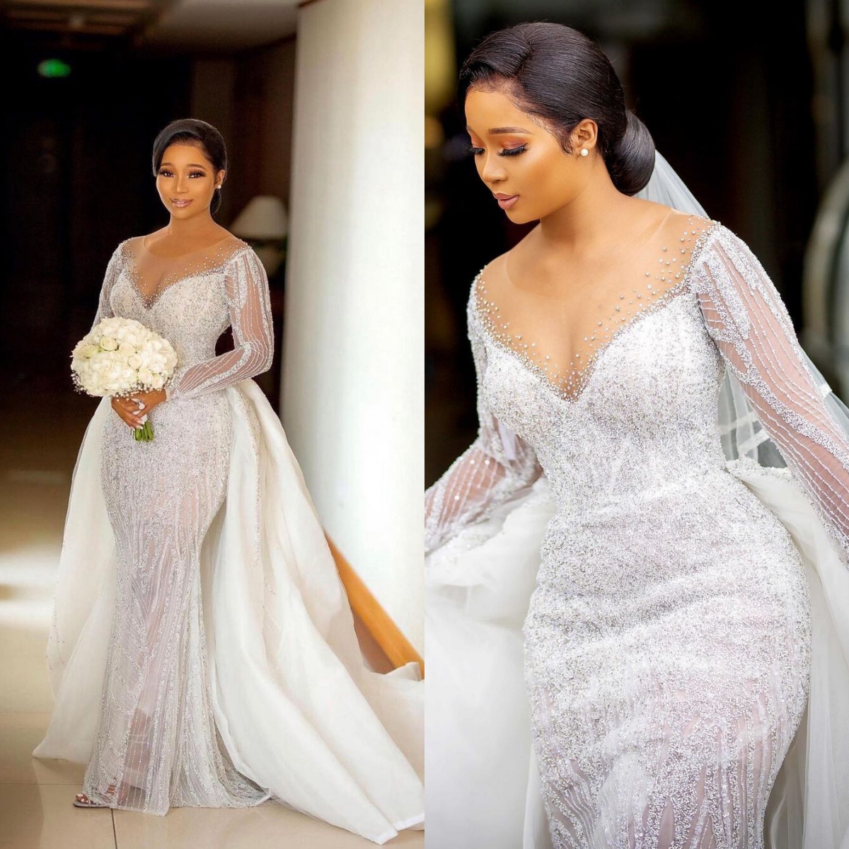 Classic Mermaid Wedding Dresses with Overskirts Sequins Crystal Bridal Gowns Long Sleeve Custom Made Plus Size Bride Dress